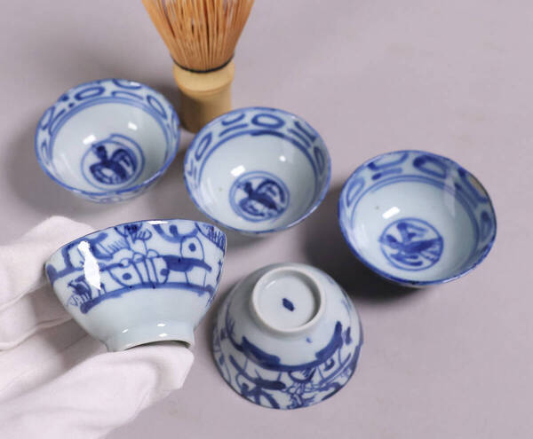 中国 染付 煎茶椀 五客 山水 鳥図 茶器 陶磁器 /検/ 唐物 ぐい呑み 盃 珍味【MA581】