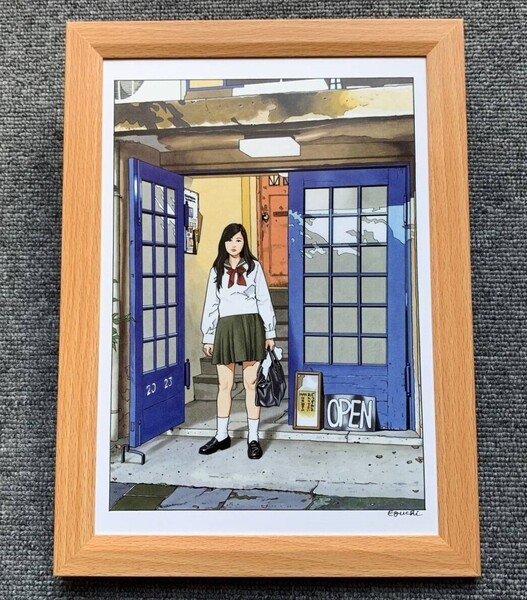 ■江口寿史『青山同潤会アパート』B5サイズ 額入り 貴重イラスト 印刷物 ポスター風デザイン 額装品 アートフレーム インテリア 美女