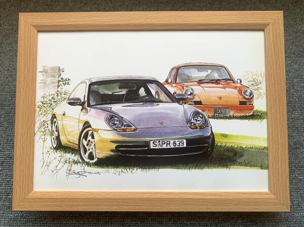 ■BOW。池田和弘『Porsche 996』B5サイズ 額入り 貴重イラスト 印刷物 ポスター風デザイン 額装品 アートフレーム 旧車