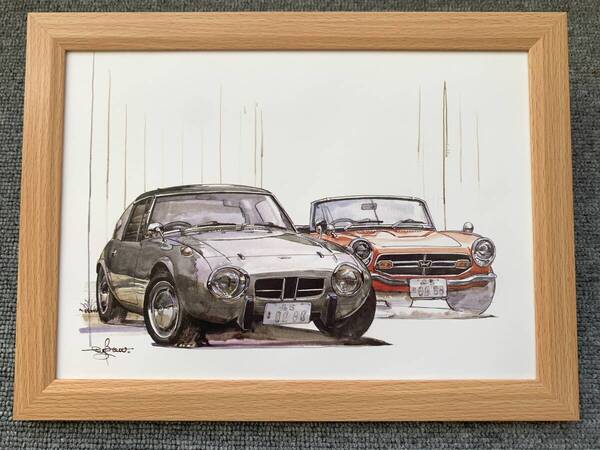■BOW。池田和弘『Toyota Sports 800 & Honda S800』B5サイズ額入り 貴重イラスト 印刷物 ポスター風デザインアートフレーム 額装品 旧車