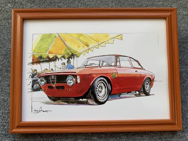 ■BOW。池田和弘『Alfa Romeo Giulia Sprint GT』B5サイズ 額入り 貴重イラスト 印刷物 ポスター風デザイン 額装品 アートフレーム 旧車