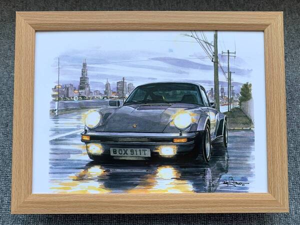 ■BOW。池田和弘『Porsche 930 Turbo』B5サイズ 額入り 貴重イラスト 印刷物 ポスター風デザイン 額装品 アートフレーム 旧車