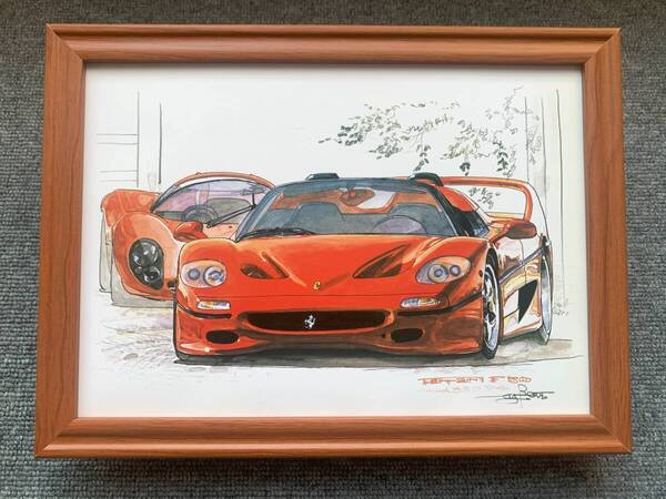 ■BOW。池田和弘『Ferrari F50』B5サイズ額入り 貴重イラスト 印刷物 ポスター風デザイン 額装品 アートフレーム 旧車