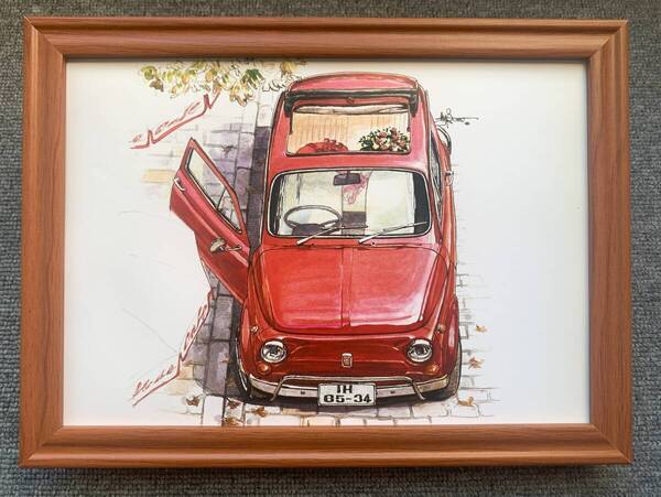 ■BOW。池田和弘『Fiat 500』B5サイズ額入り 貴重イラスト 印刷物 ポスター風デザイン 額装品 アートフレーム 旧車