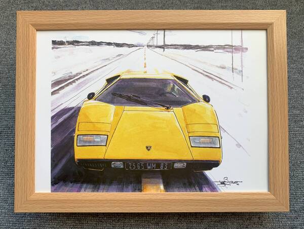 ■BOW。池田和弘『Lamborghini Countach LP400』B5サイズ額入り 貴重イラスト 印刷物 ポスター風デザイン 額装品 アートフレーム 旧車
