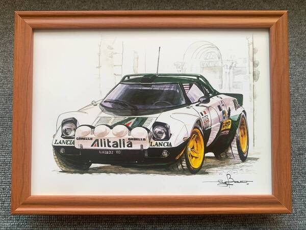 ■BOW。池田和弘『Lancia Stratos』B5サイズ額入り 貴重イラスト 印刷物 ポスター風デザイン 額装品 アートフレーム 旧車