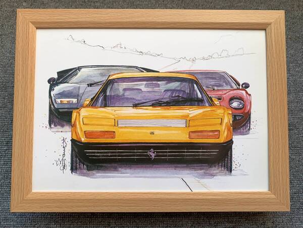 ■BOW。池田和弘『Ferrari 512BB』B5サイズ額入り 貴重イラスト 印刷物 ポスター風デザイン 額装品 アートフレーム 旧車