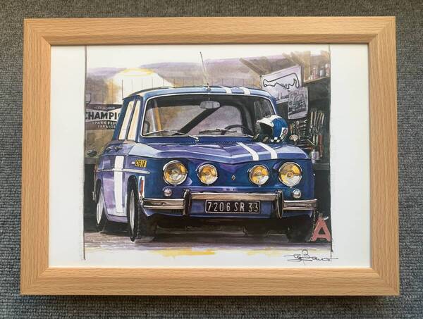 ■BOW。池田和弘『Renault R8 Gordini』B5サイズ額入り 貴重イラスト 印刷物 ポスター風デザイン 額装品 アートフレーム 旧車
