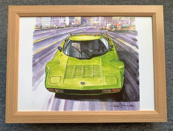 ■BOW。池田和弘『Lancia Stratos』B5サイズ額入り 貴重イラスト 印刷物 ポスター風デザイン 額装品 アートフレーム 旧車