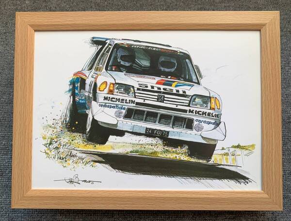 ■BOW。池田和弘『Peugeot 205 Turbo』B5サイズ額入り 貴重イラスト 印刷物 ポスター風デザイン 額装品 アートフレーム 旧車