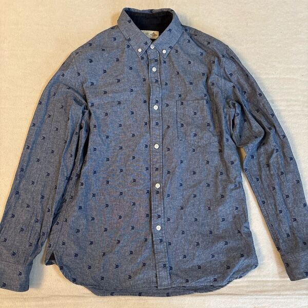 ☆ The DUFFER of St.GEORGE 総柄 長袖シャツ Lサイズ 刺繍ロゴ ネイビー系