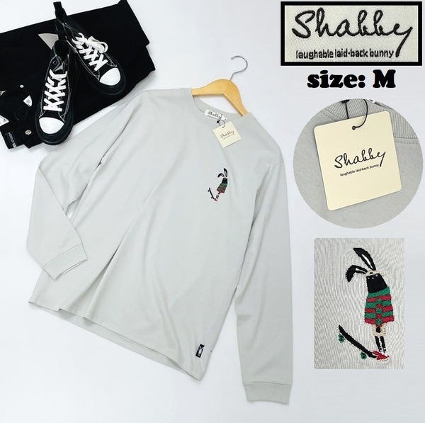 Shabby /M/ グレー ロンティ 長袖Tシャツ タグ付き トップス スケボー刺繍 生地コットン バイク アウトドア キャンプ スポーツ シャビー