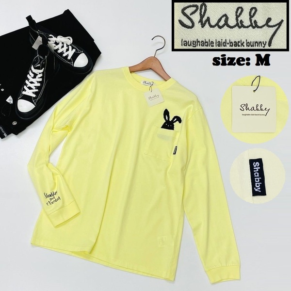 Shabby /M/ イエロー ロンティ 長袖Tシャツ タグ付き トップス ブラック刺繍 生地コットン スポーツ バイク アウトドア キャンプ シャビー