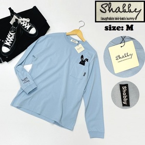 Shabby /M/ ライトブルー ロンティ 長袖Tシャツ タグ付き トップス ブラック刺繍 生地コットン スポーツバイクアウトドアキャンプ シャビー
