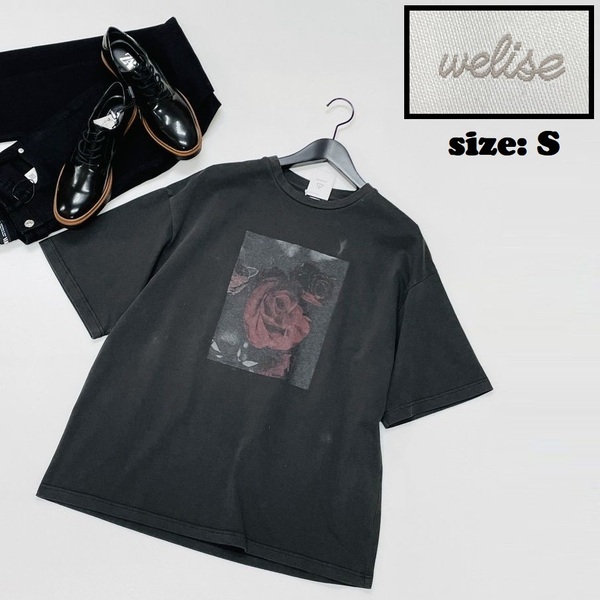 welise /S/ ブラック 半袖Tシャツ トップス 花柄 ヴィンテージ感 バイク キャンプ アウトドア オートバイ 生地 コットン 薔薇 ウェライズ