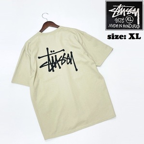 stussy【XL】グリーン系 半袖Tシャツ トップス ブラックロゴ スケボー バイク キャンプアウトドアオートバイ 生地 コットン ステューシー