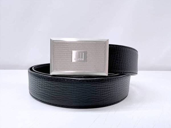 美品 Dunhill ダンヒル ロゴ スクエア アジャスター レザーベルト 黒 シルバー DU21R4A09CR00142