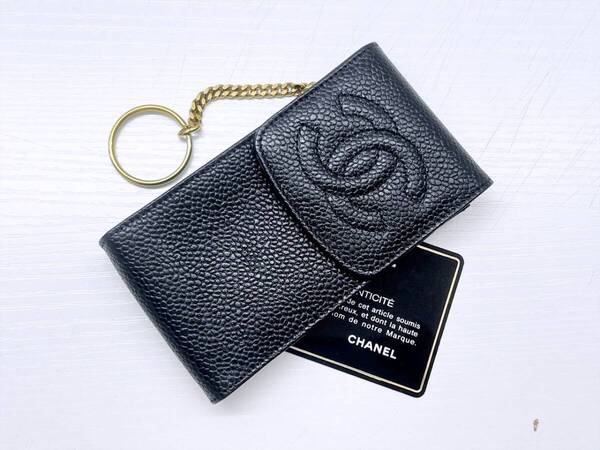 美品 CHANEL シャネル キャビアスキン ココマーク キーリング付 シガーケース たばこ マルチケース 黒