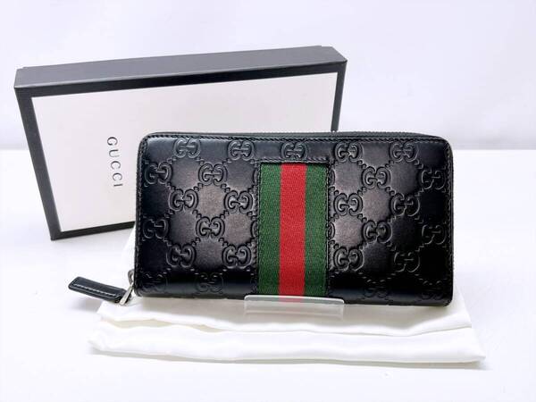 美品 GUCCI グッチ シマ GG ウェブ ラウンドジップ 長財布 黒 エンボス シェリー 408831