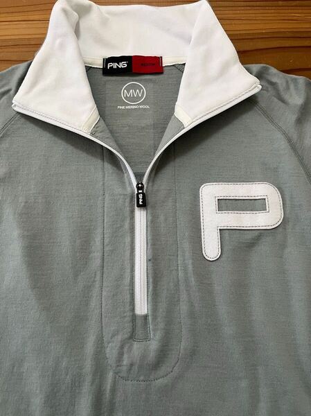 送料込み!PING ハーフジップ 長袖Tシャツ グレー Mサイズ ピン ロンT Pマーク GOLF ゴルフウェア メリノウール 薄手