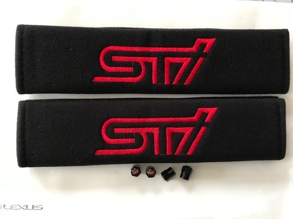 送料無料!目立つ?かっこいい! STIロゴシートベルトカバー&タイヤバルブキャップセット インプレッサ レヴォーグ レガシー