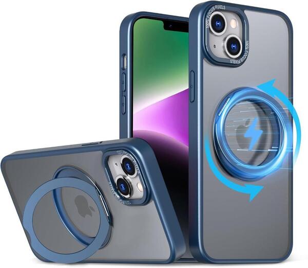 KWATUNG 互換品 ケース iphone14 用 ケース magsafe対応 ワイヤレス充電 360°回転スタンド 米軍MIL規格 スマホケース マット感 ブルー