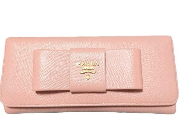 鑑定済 PRADA プラダ サフィアーノ長財布 ピンクベージュ リボン付き ウォレット ピンク系 二つ折り 極美品