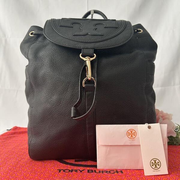 【美品】TORY BURCH トリーバーチ リュックサック マザーズバッグ オールレザー レザー 巾着 肩掛け ブラック 黒 A4可 大容量 レディース