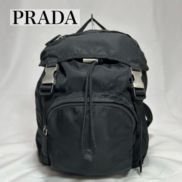 【美品】PRADA プラダ リュックサック 巾着バッグ マザーズバッグ バックパック ナイロン×レザー 三角プレート ブラック 黒 レディース