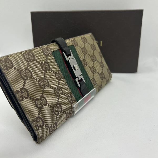 【美品】GUCCI グッチ 05479・2067 長財布 二つ折り財布 小銭入れ付 シェリーライン レザー キャンバス メンズ レディース