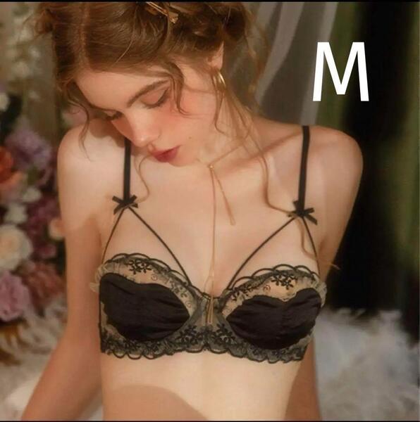 下着2749 ブラックM セクシーランジェリー レース 勝負下着 ブラショーツセット リボン 楽ブラ ブラジャーショーツ