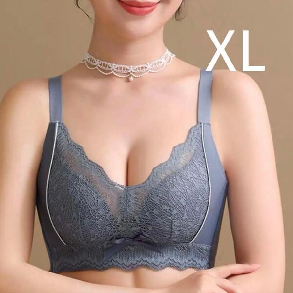 下着2744グレーネイビーXL 大きい胸 脇高 楽ブラ ノンワイヤーブラショーツ ブラジャーショーツ セットアップ