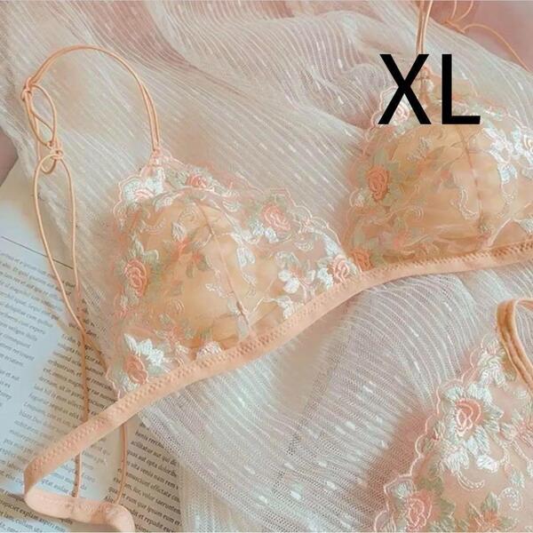下着2731ベージュXL 楽ブラ ブラレット シースルー 花柄 ブラショーツセット セクシーランジェリー ノンワイヤーブラ