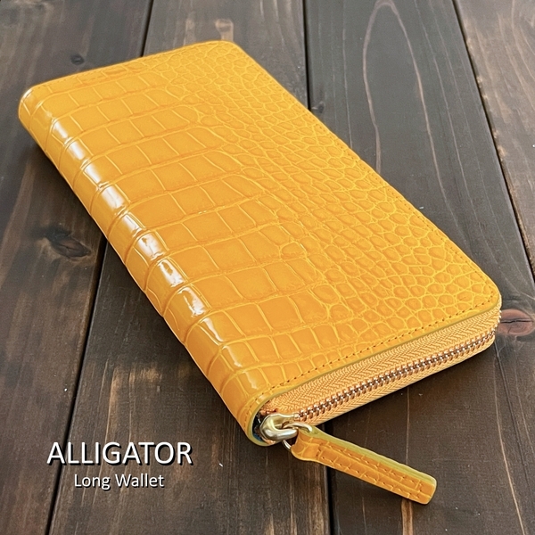ALLIGATOR アリゲーター 長財布 ロング サンフラワー イエロー グレージング 加工 青 黄色 シャイニング ワニ革 クロコダイル 財布
