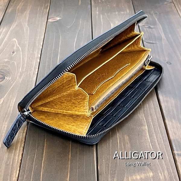 ALLIGATOR アリゲーター × ルガト 長財布 ロングウォレット ネイビー イエロー 艶マット 加工 黄色 クロコダイル ワニ革 財布
