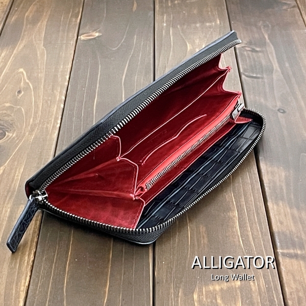 ALLIGATOR アリゲーター × ルガト 長財布 ロングウォレット ネイビー レッド 艶マット 加工 赤 クロコダイル ワニ革 財布