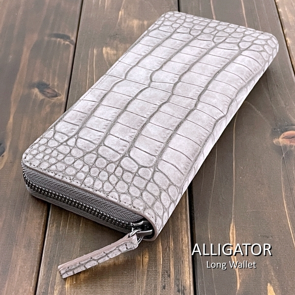 ALLIGATOR アリゲーター × マルゴー ベルベット仕上げ 長財布 ロング グレー ベロア 加工 灰色 ワニ革 クロコダイル 財布