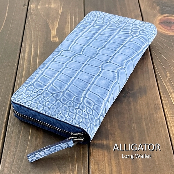 ALLIGATOR アリゲーター × マルゴー ベルベット仕上げ 長財布 ロング ブルー ジーン ベロア 加工 青 ワニ革 クロコダイル 財布