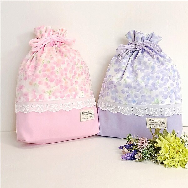 ☆ハンドメイド☆巾着袋☆給食袋☆コップ袋☆水彩水玉花柄☆ピンク&ラベンダー☆2個セット☆