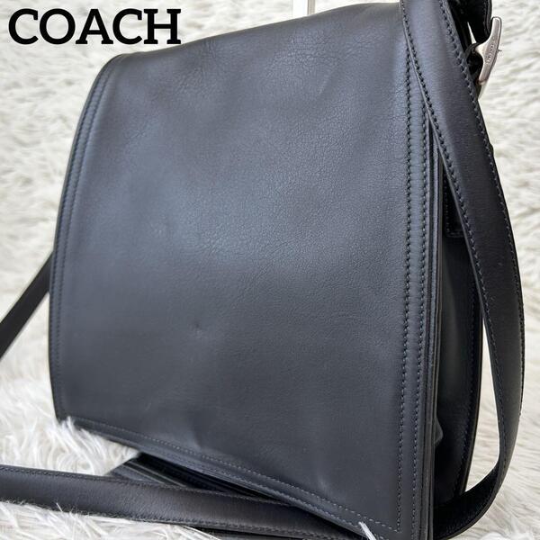 美品/激レア!!! COACH コーチ オールレザー ショルダーバッグ メッセンジャー 斜めかけ 自立 オールドコーチ ブラック 黒 フラップ 通学 勤