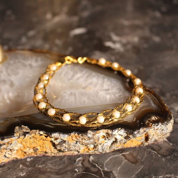 USA VINTAGE AVON PEARL STONE GOLD CHAIN DESIGN BRACELET/アメリカ古着パールストーンゴールドチェーンデザインブレスレット