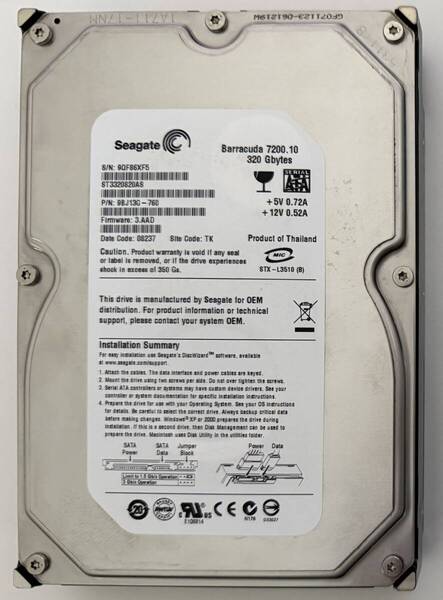 Seagate Barracuda 7200 320GB ST3320820AS SATA接続 9960時間
