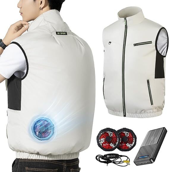 空調作業服 バッテリーファンセット ファン付きベスト 作業用 ジャケット 空調ウェア 空調扇風服 40800mAh大容量バッテリー付き XLサイズ