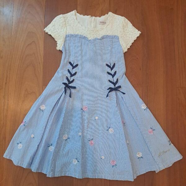 ★美品★メゾピアノジュニア★ストライプ★花刺繍レース★ワンピース★サイズM★150