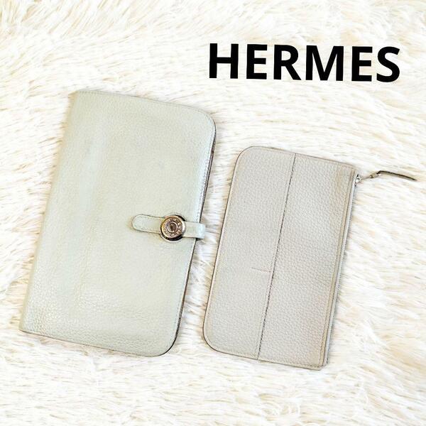 HERMES エルメス ドゴン GM デュオ 二つ折り長財布 トリヨンクレマンス D刻印 2019年 アイボリー系 小銭入れ コインケース