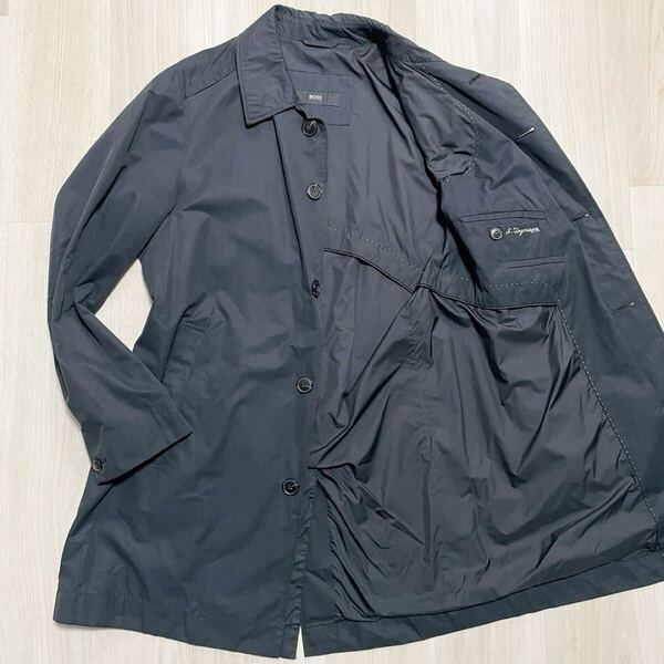 HUGO BOSS【美品】ステンカラーコート 黒 ブラック ヒューゴボス ビジネス 通勤 仕事 メンズ ロングコート 46 M位 軽量