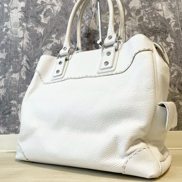 Theory【美品 大容量】ブリーフケース トートバッグ ビジネスバッグ 白 レザー A4 PC シボ革 セオリー ビジネス 通勤 仕事 通学 メンズ