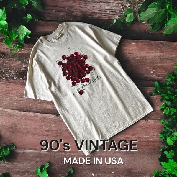 90's VINTAGE USA製 PLANT THE EARTH フォトプリント 半袖Tシャツ ビンテージ 古着 生成り チェリー 97年 コピーライト フォトT L 90年代