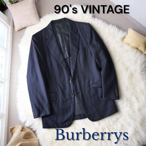 90's VINTAGE Burberrys バーバリー ストライプ ジャケット 三陽商会 正規品 スーツ テーラードジャケット ブレザー BURBERRY 濃紺 メンズ