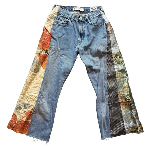 即決★levi's505 panama boy★w31 着物リメイクデニムパンツ フレア 和柄 kimono traditional japanese pattern